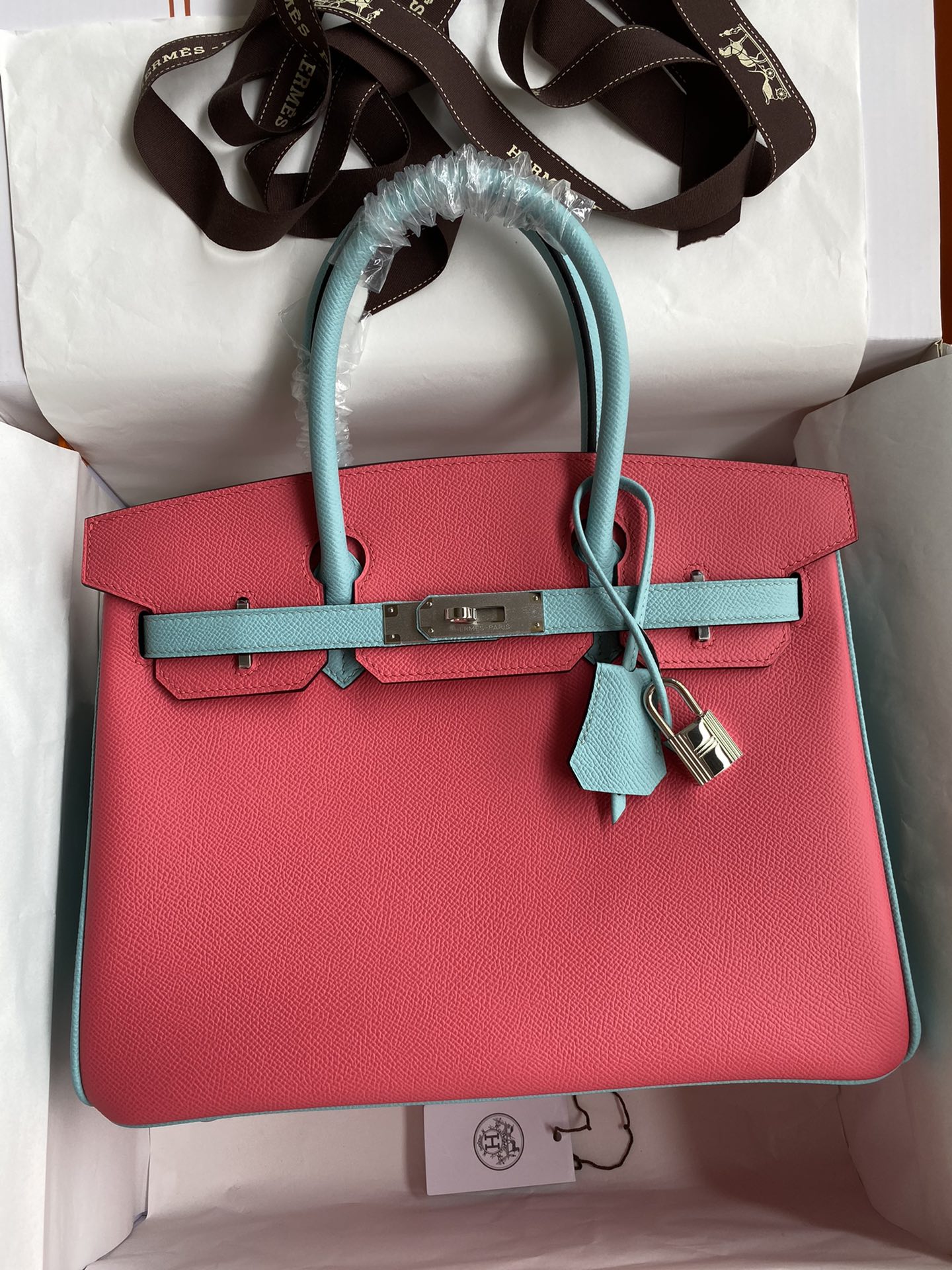 Hermes Birkin 35CM Epsom Leather Handbag Pink Blue Atoll